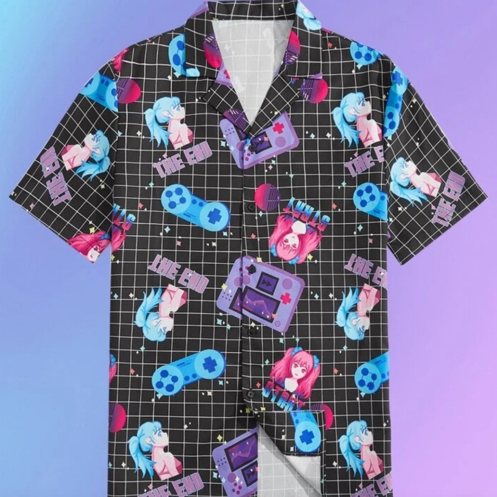 Romwe Shein Anime Guys Letter Cartoon Graphic Plaid Button Front Shirt Small